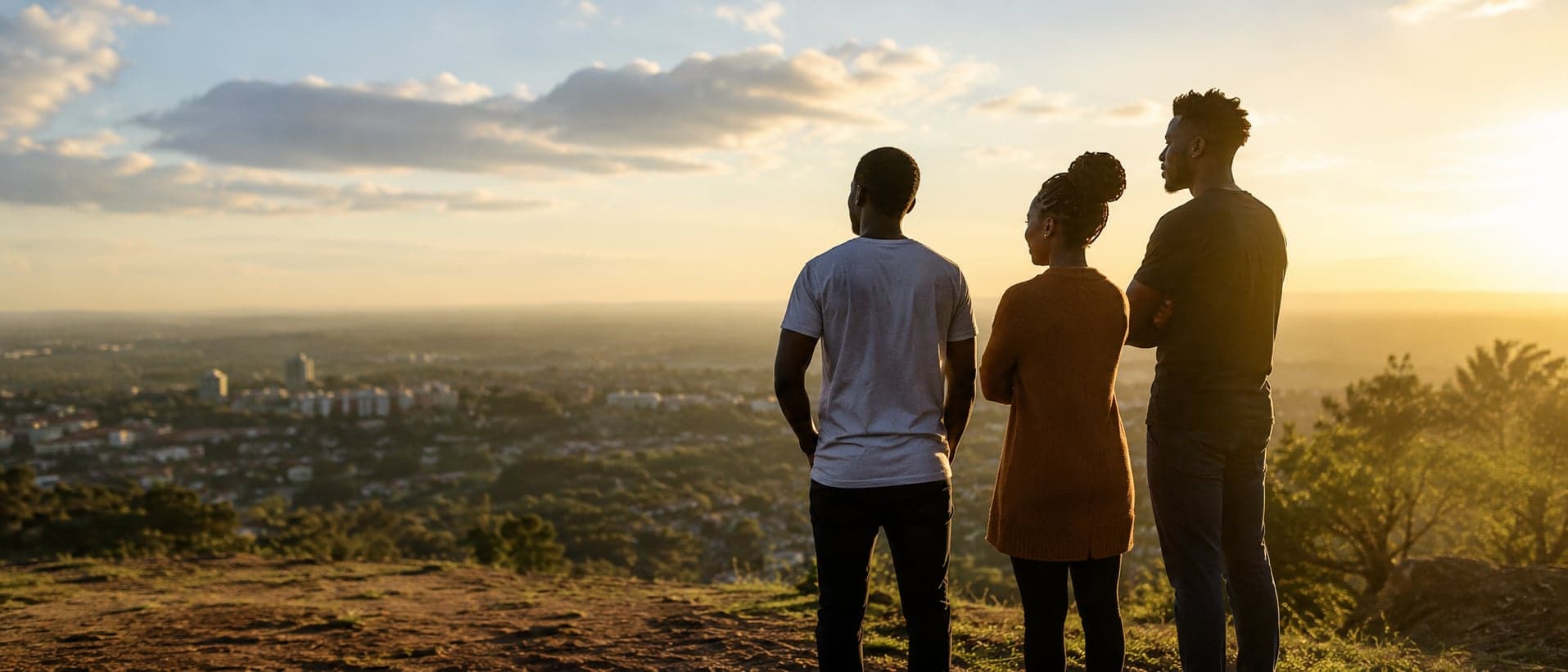 Young adults looking out over the city at sunrise