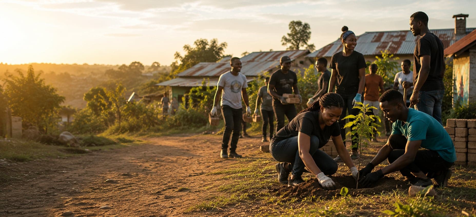 Volunteers planting a tree together during a community outreach